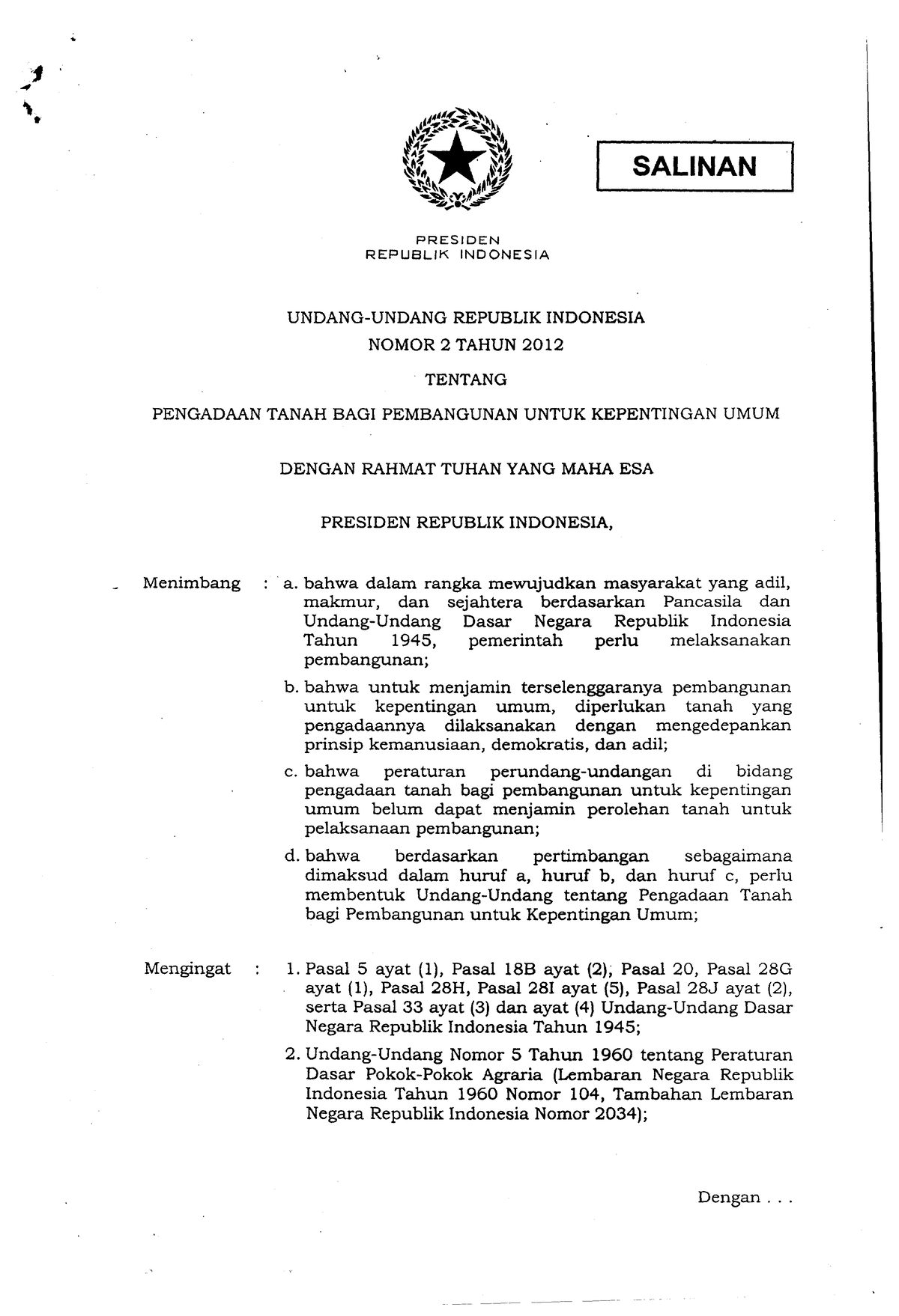 UU No. 2 Thn 2012 - Oke - ..,l' PRESIDEN REPUBLIK INDONESIA SALINAN ...