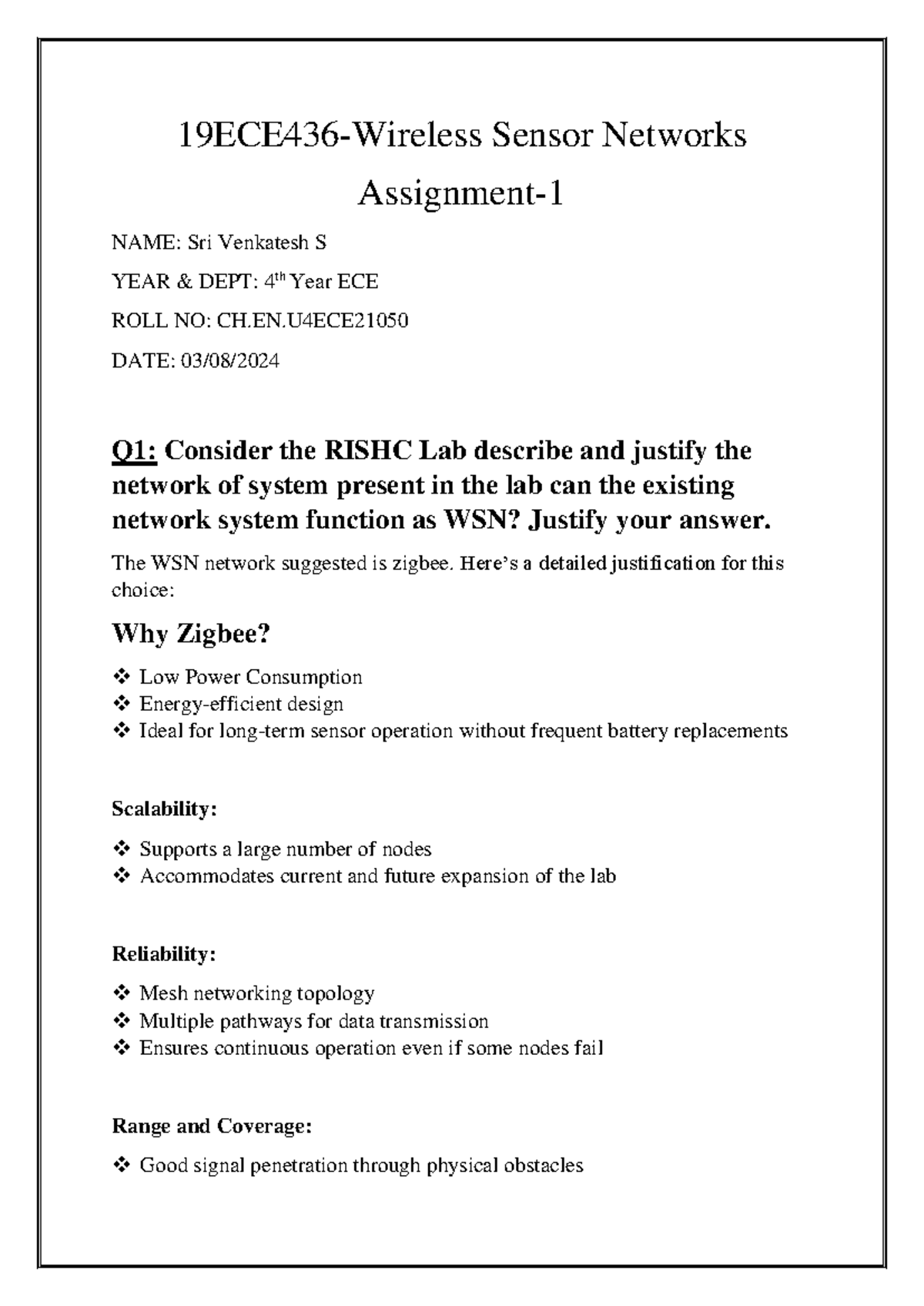 19ECE436 Assignment-1 21050 - 19 ECE4 36 - Wireless Sensor Networks ...
