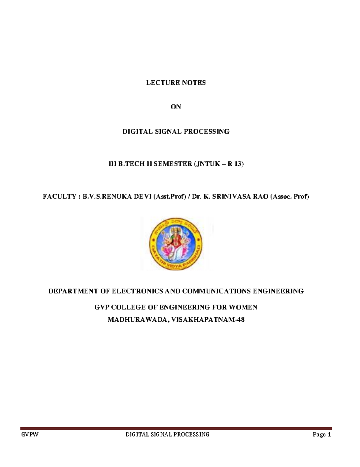 DSP SEC 1 SEC 2 ALT REF - WTRATR - LECTURE NOTES ON DIGITAL SIGNAL ...