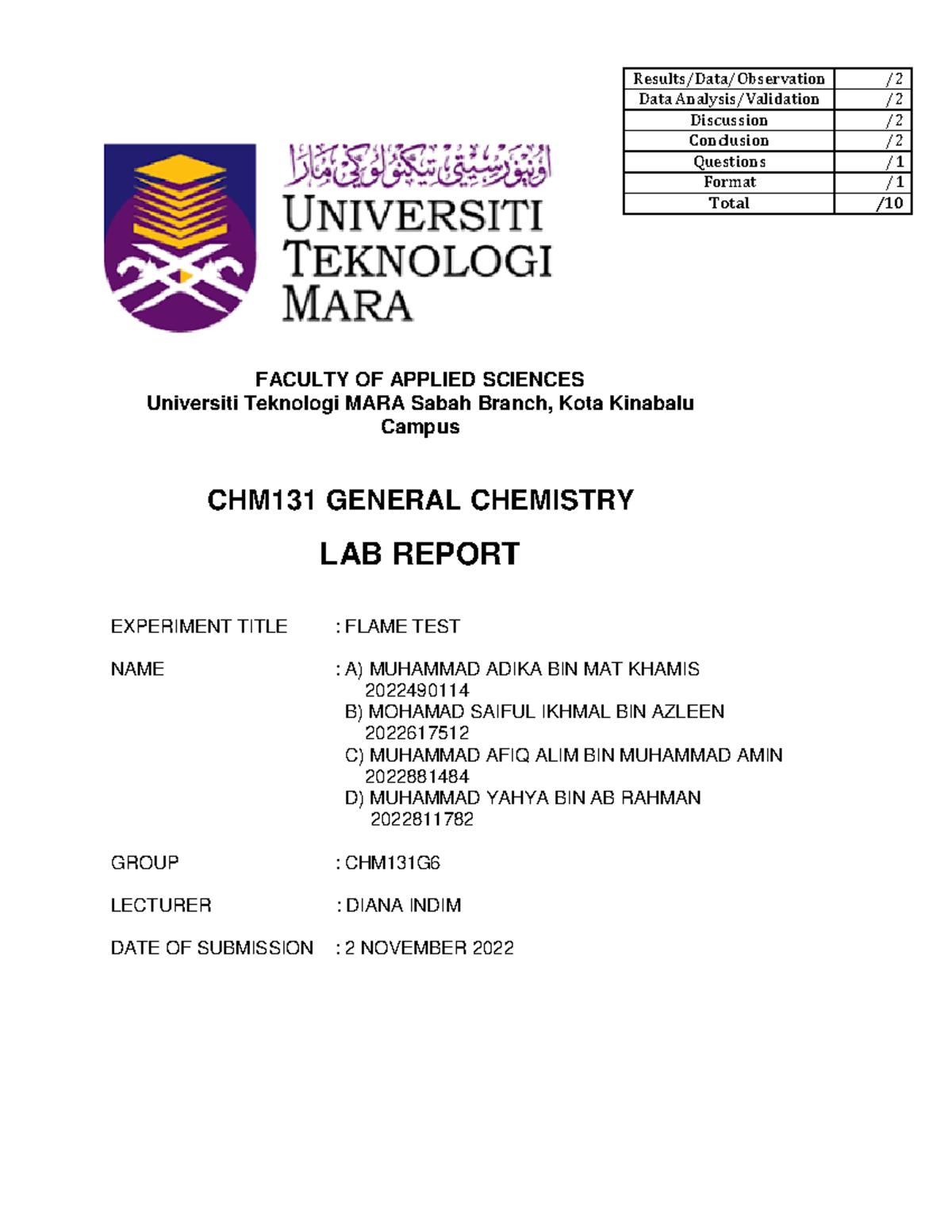 G6 Lab Report - FACULTY OF APPLIED SCIENCES Universiti Teknologi MARA ...