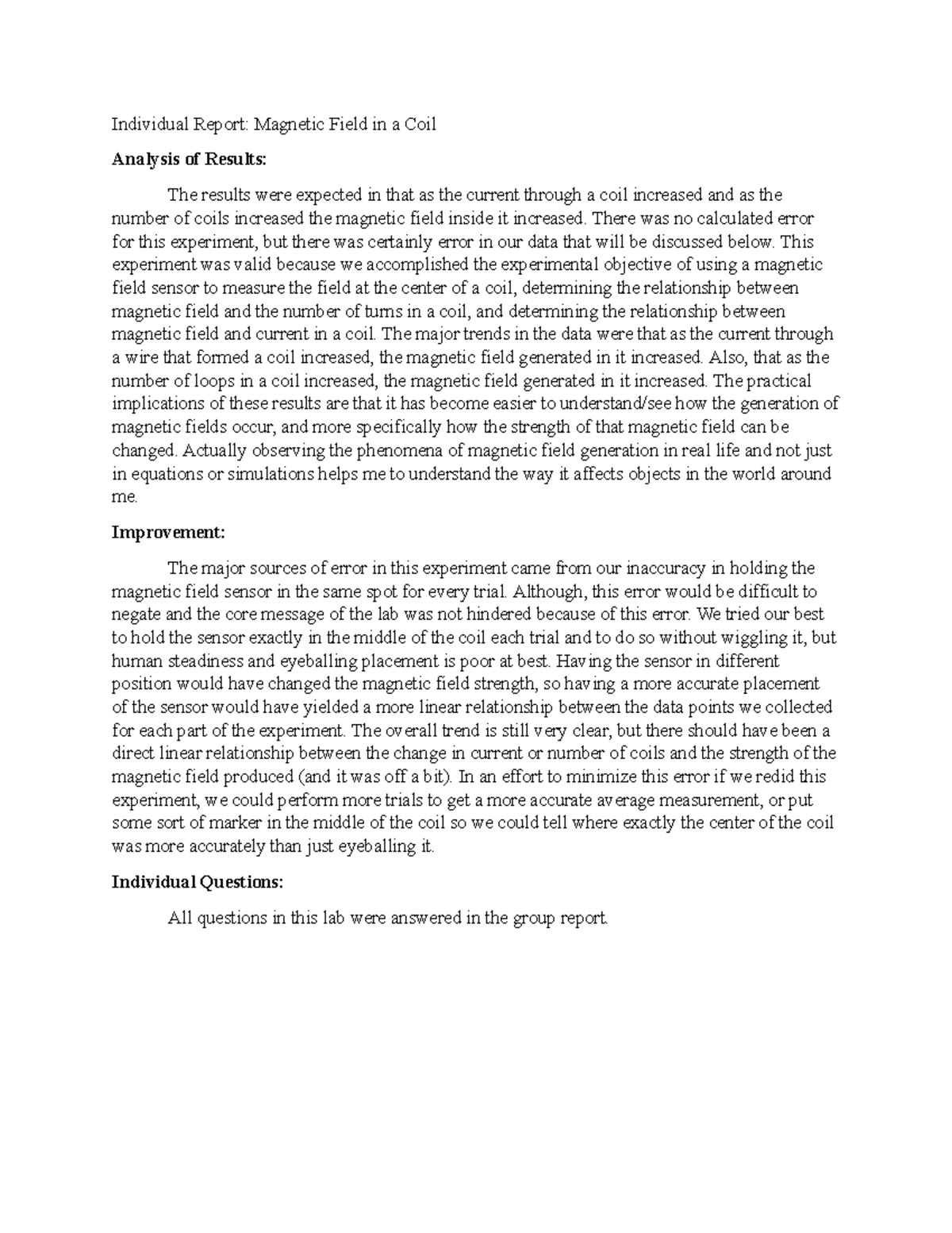 Lab 12 field in a coil) Individual Report Field