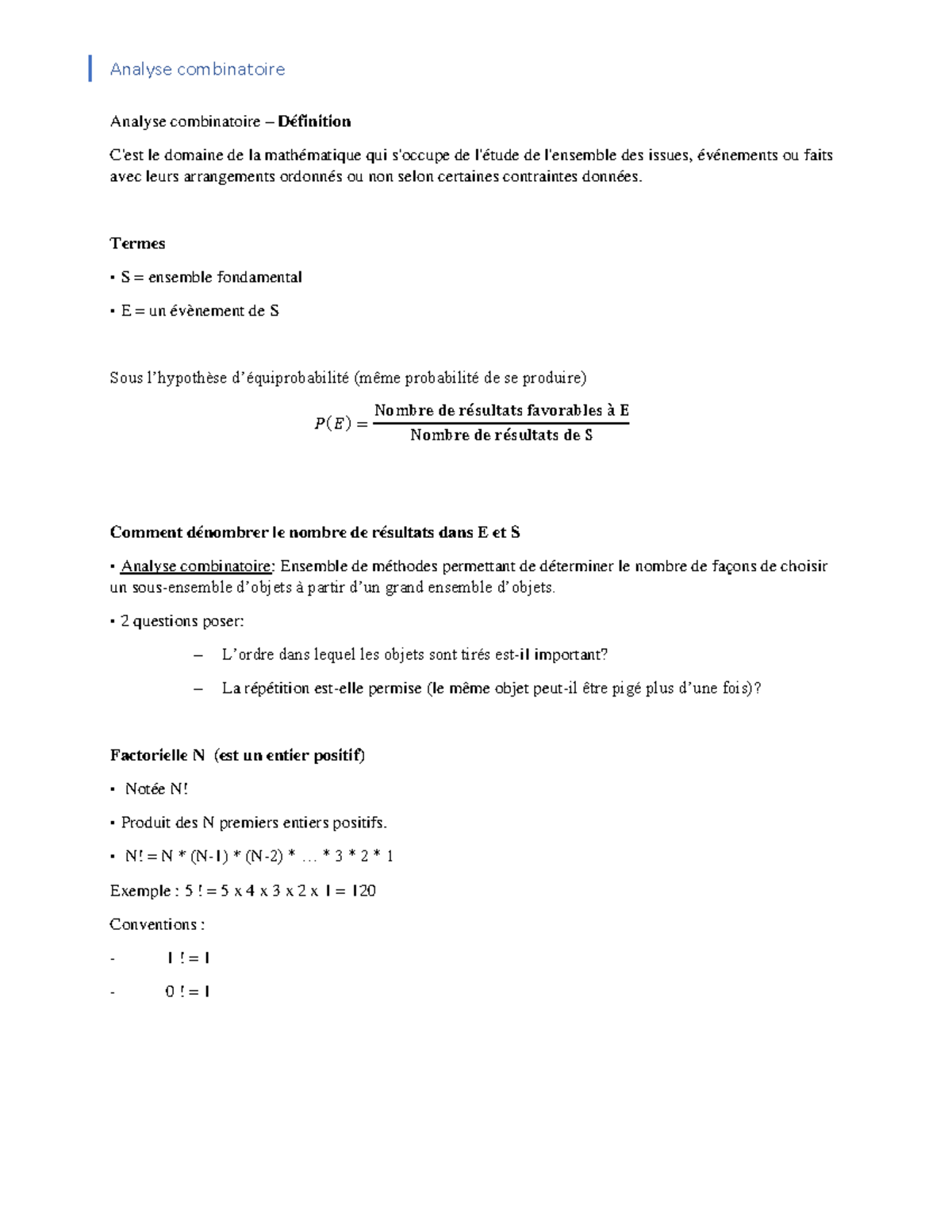 Analyse Combinatoire - Termes S = Ensemble Fondamental E = Un évènement ...