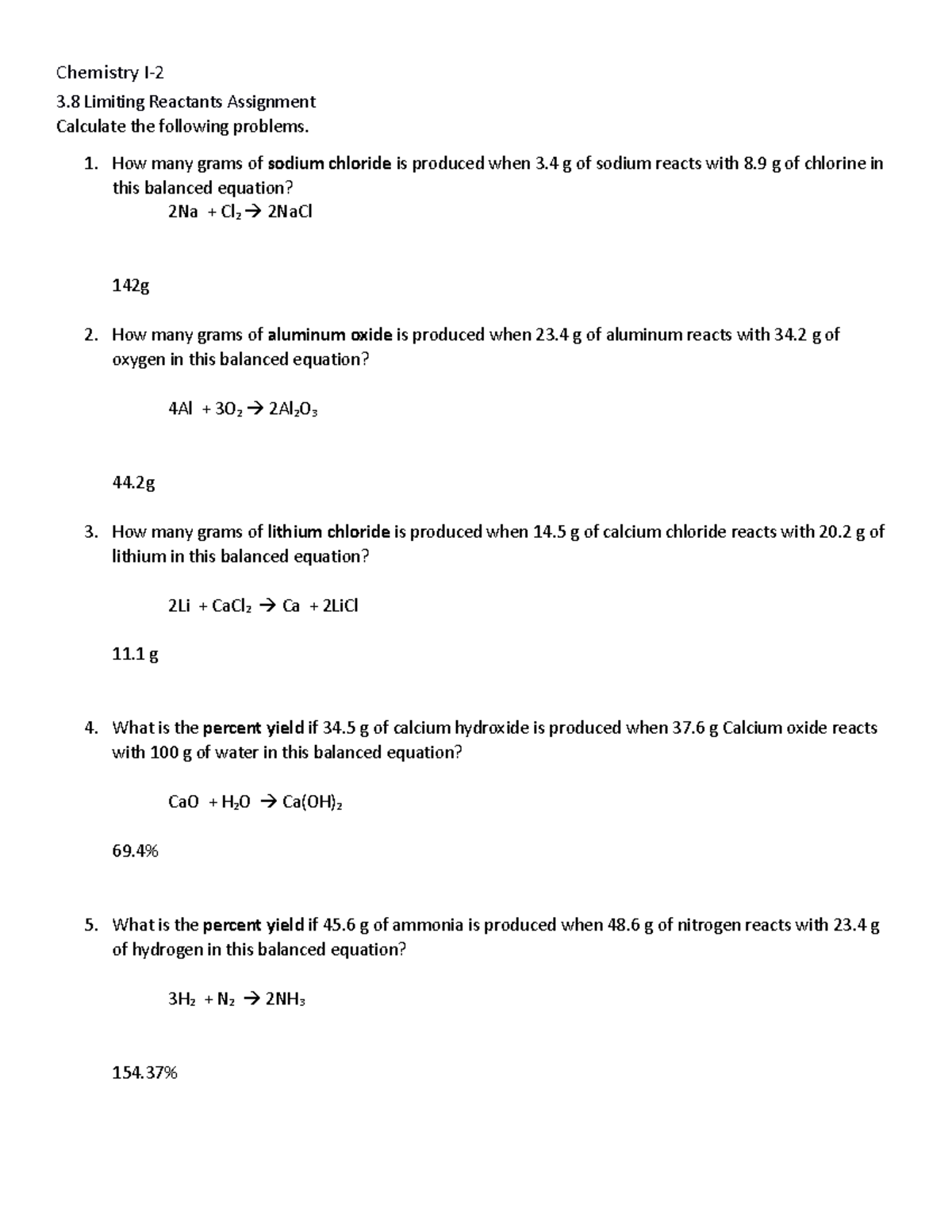 3.8 Limiting Reactant Assignment - Chemistry I- 3 Limiting Reactants ...