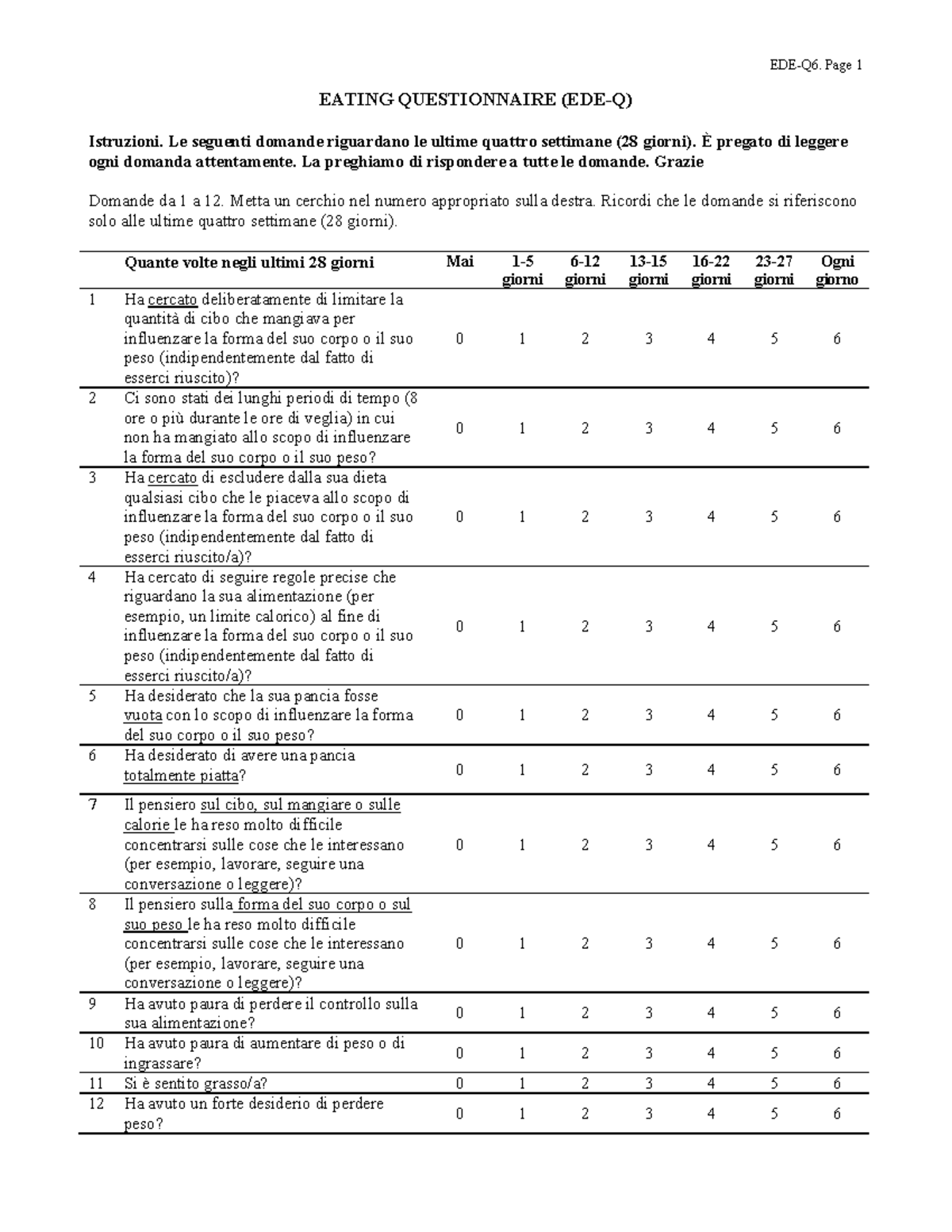 EDE Q6 Versione Italiana - EDE-Q6. Page 1 EATING QUESTIONNAIRE (EDE-Q ...