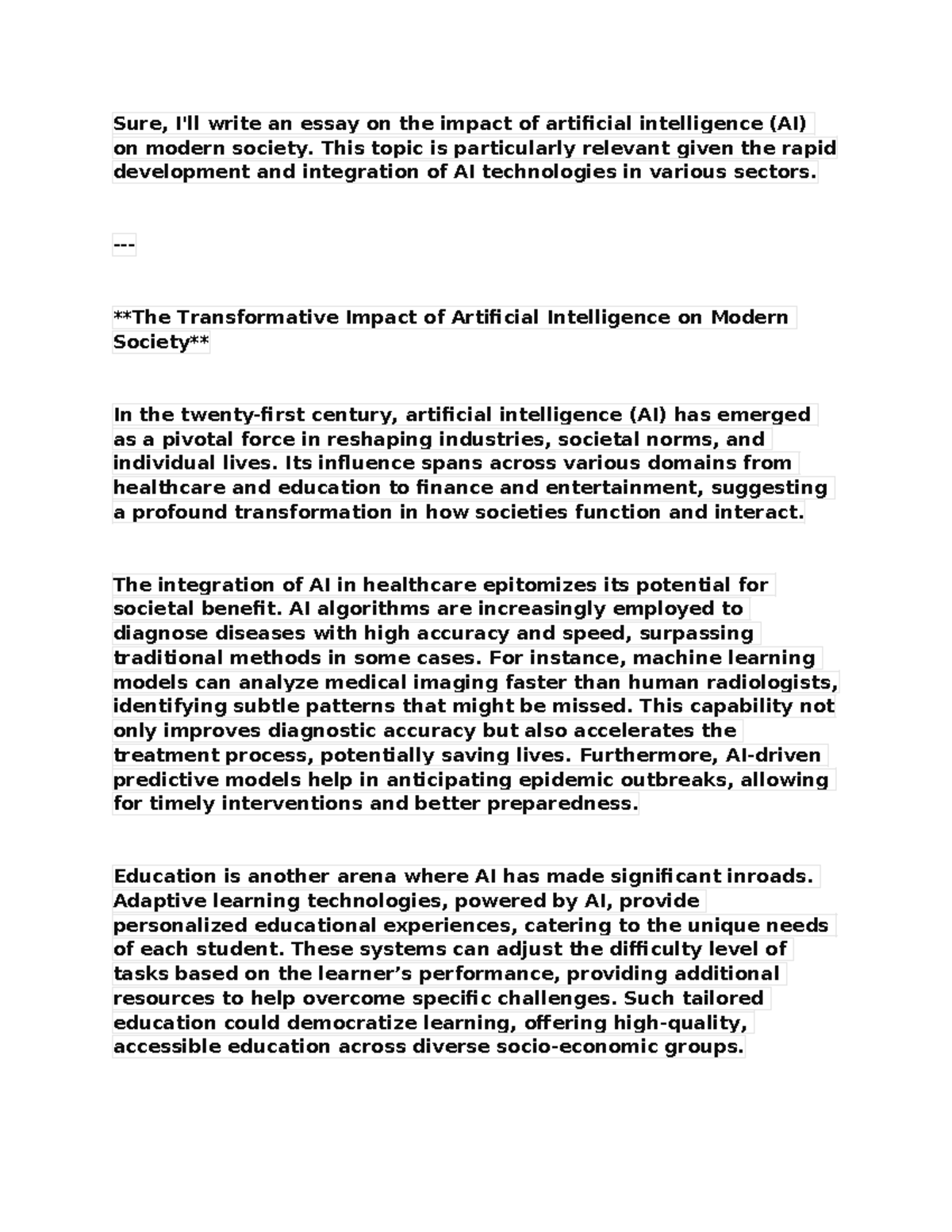 The Vital Role of AI - Sure, I'll write an essay on the impact of ...