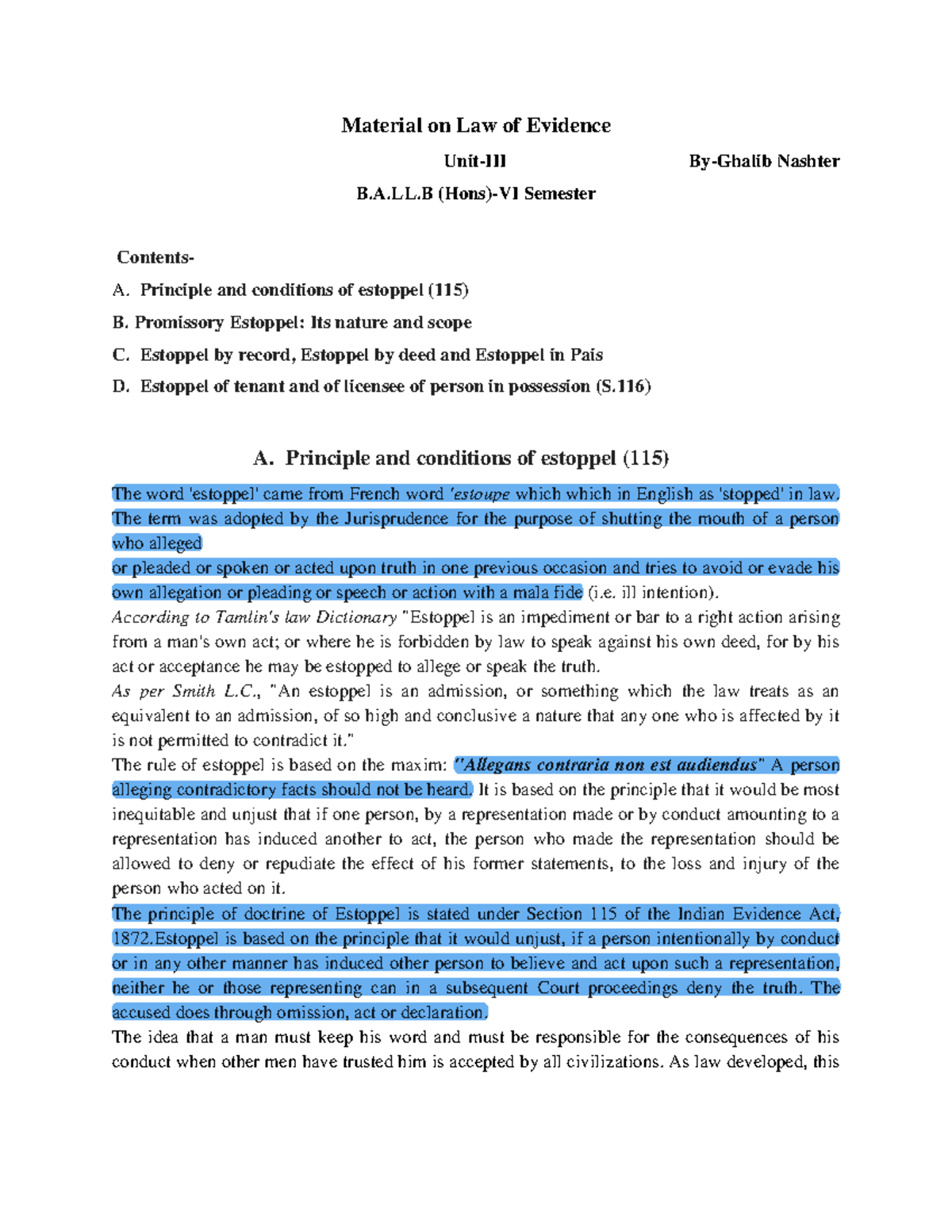 Estoppel and promissory estoppel Material on Law of Evidence UnitIII