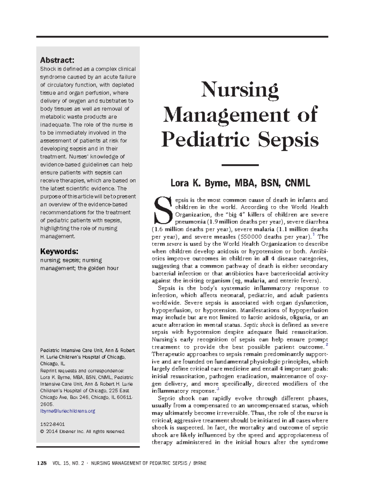Nursing Management of Septic Shock in Pediatrics Nursing Management