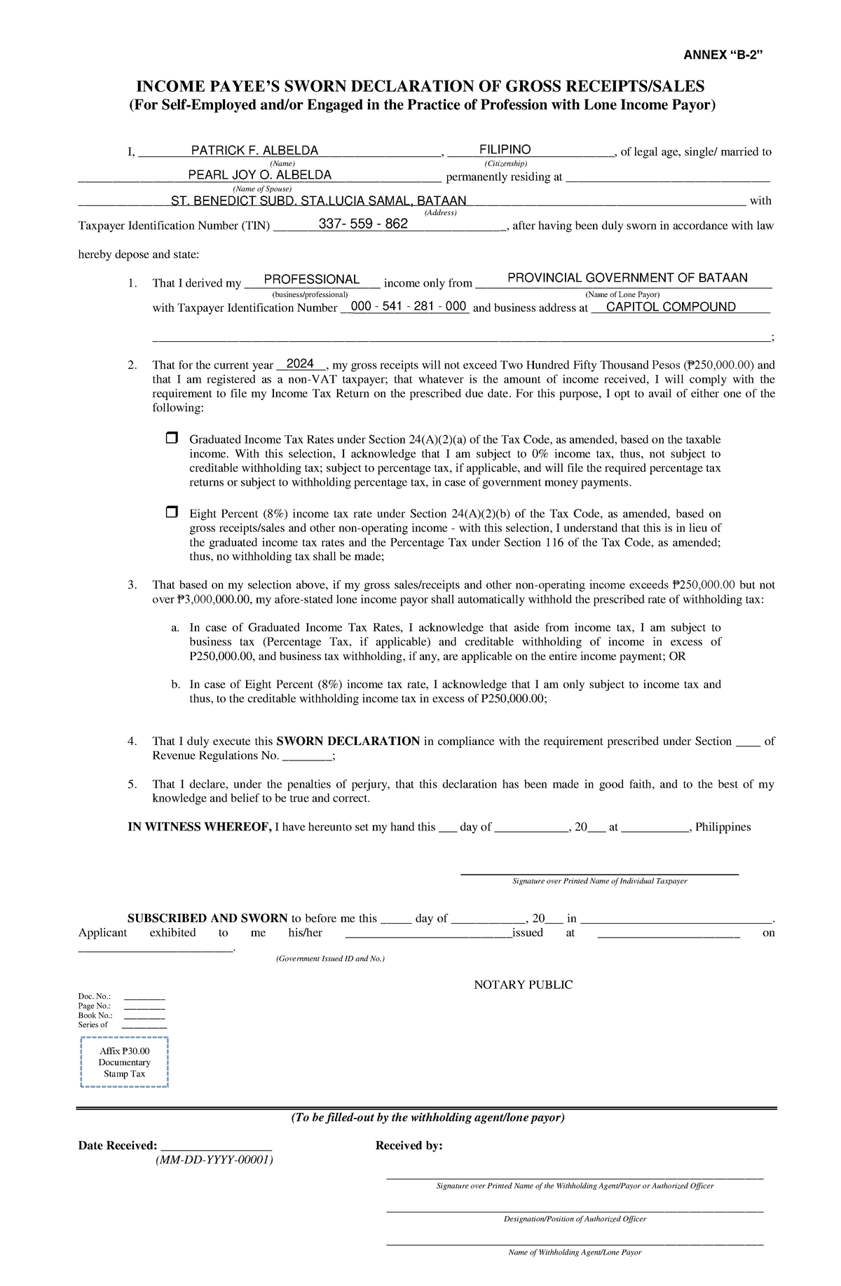 Sworn-declaration-annex-b-2 ( Palek) - Annex “b-2” Income Payee’s Sworn 