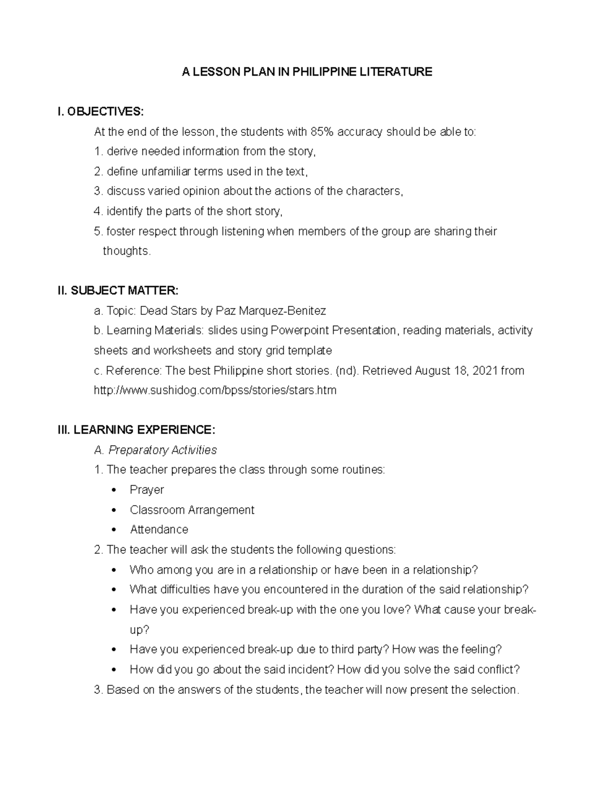 A Semi detailed Lesson Plan A LESSON PLAN IN PHILIPPINE LITERATURE I