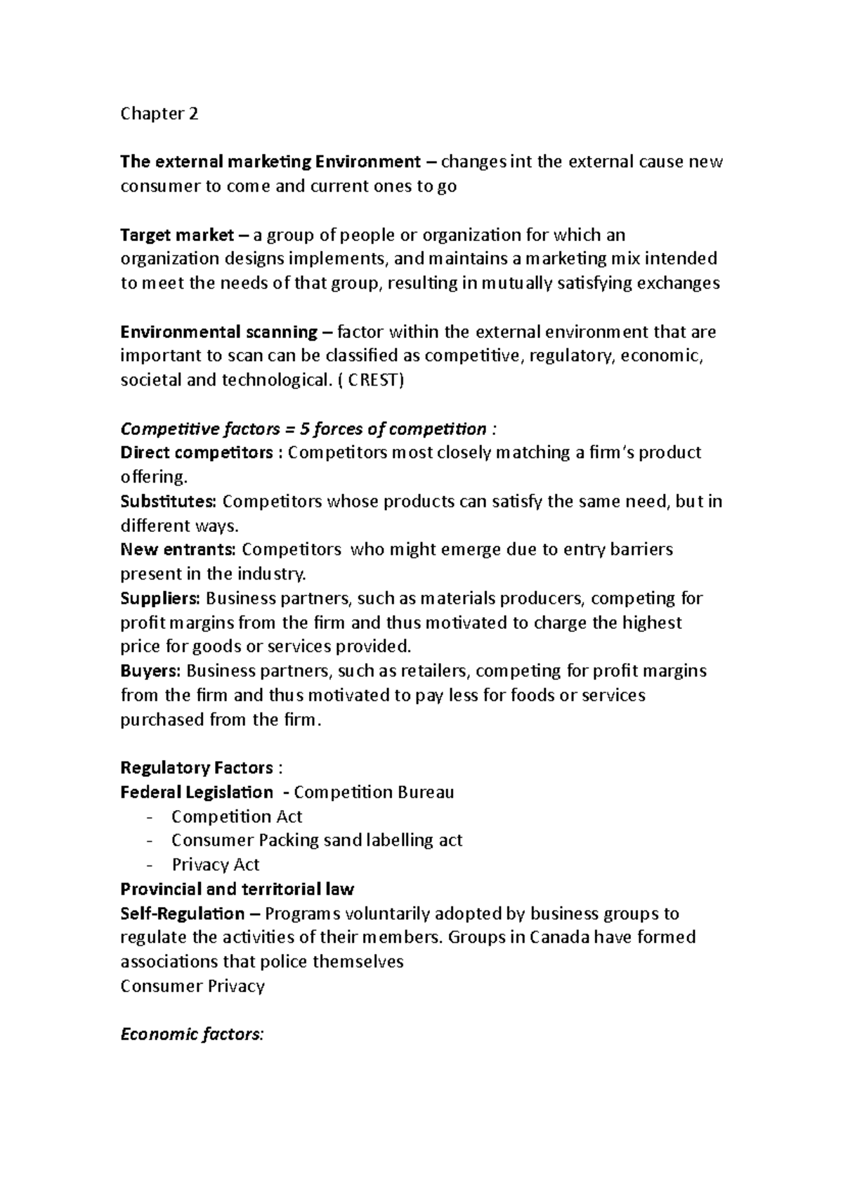 Chapter 2 - MTK - Marketing summary ch 2 - Chapter 2 The external ...