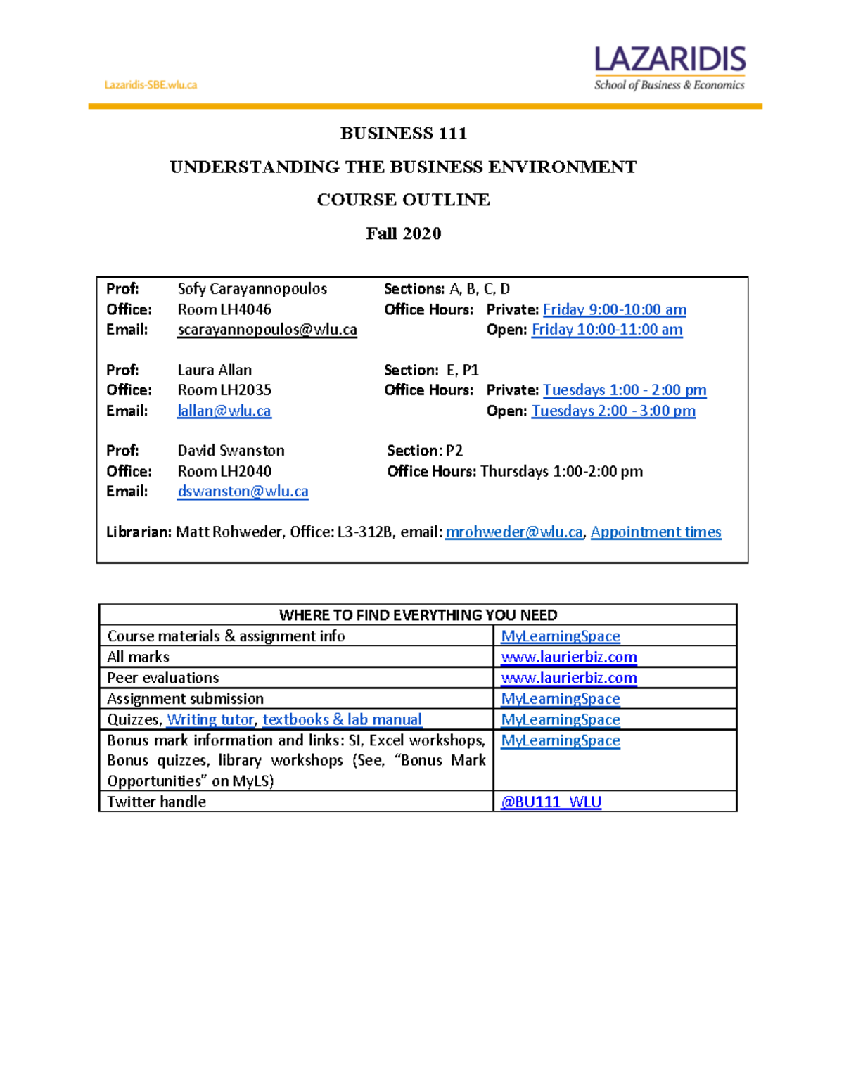 F20 BU111 Course Outline - All Sections - Prof: Sofy Carayannopoulos ...