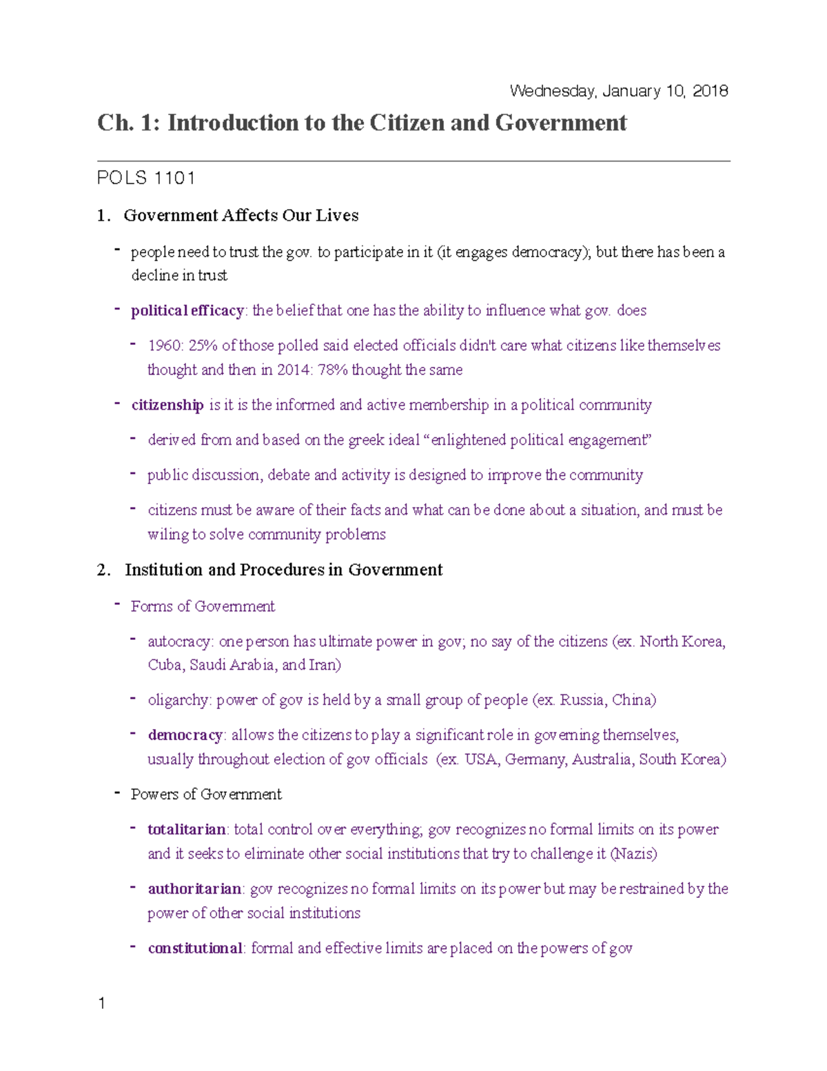Ch. 1 POLS PDF - notes - Wednesday, January 10, 2018 Ch. 1 ...