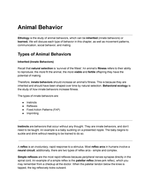 Animal Behavior - Lecture notes 16 - Animal Behavior Ethology is the study  of animal behaviors, - Studocu