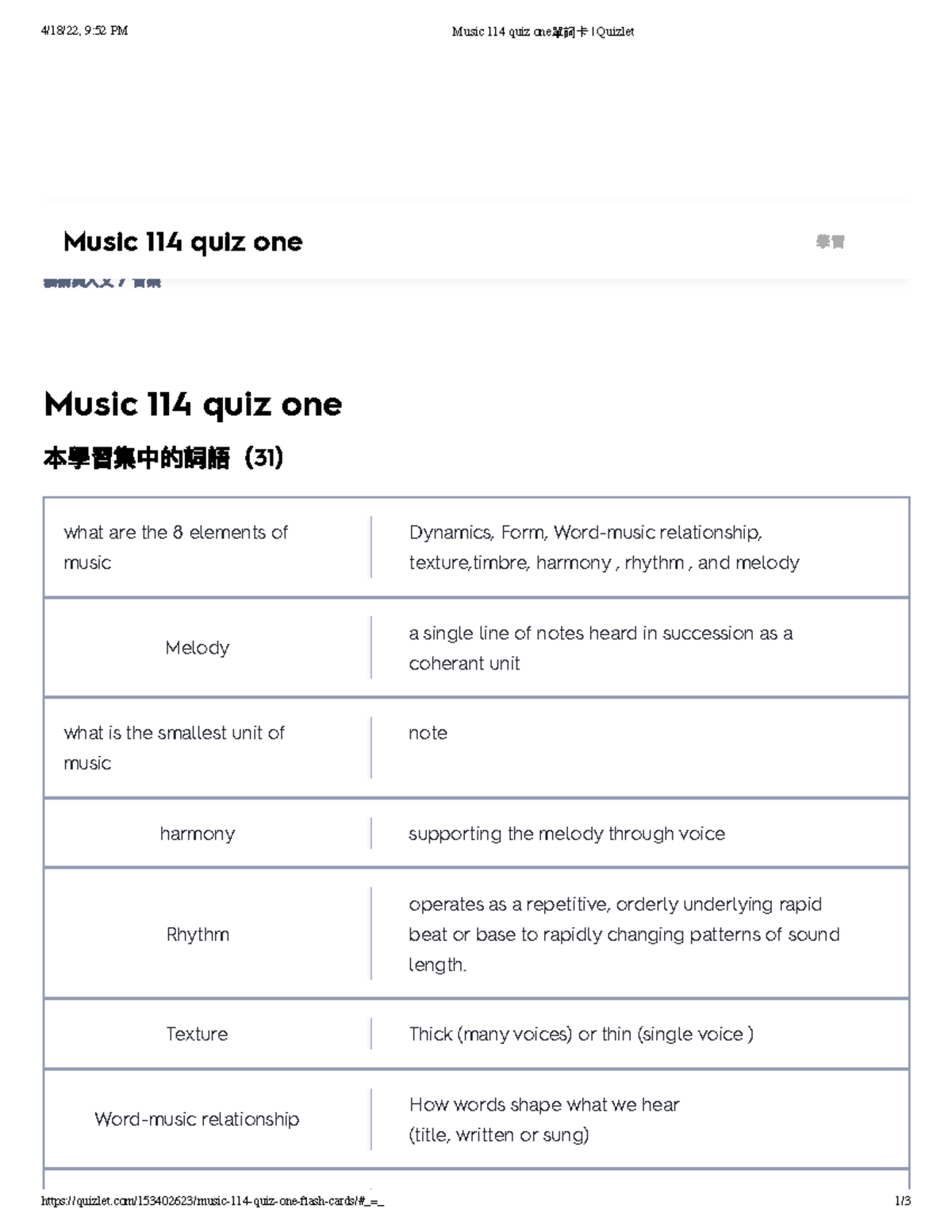 Music 114 Quiz One單詞卡 Quizlet - MUS 7F - Studocu