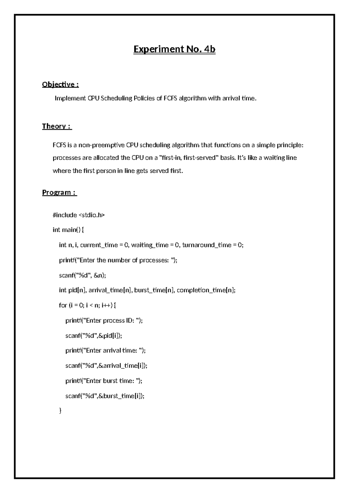 Fcfs with arrival - practical file - Experiment No. 4b Objective ...
