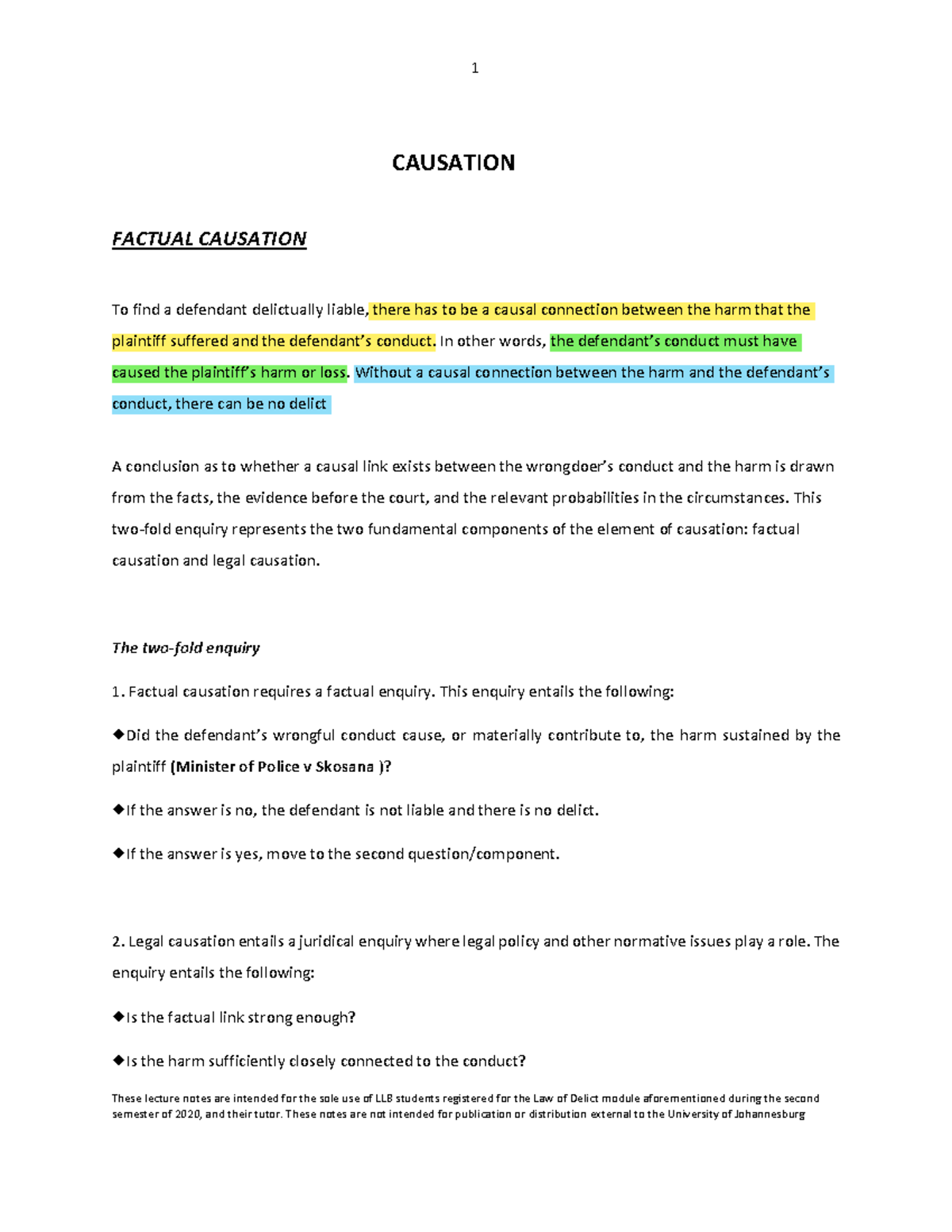 Causation Law Of Delict - These Lecture Notes Are Intended For The Sole ...