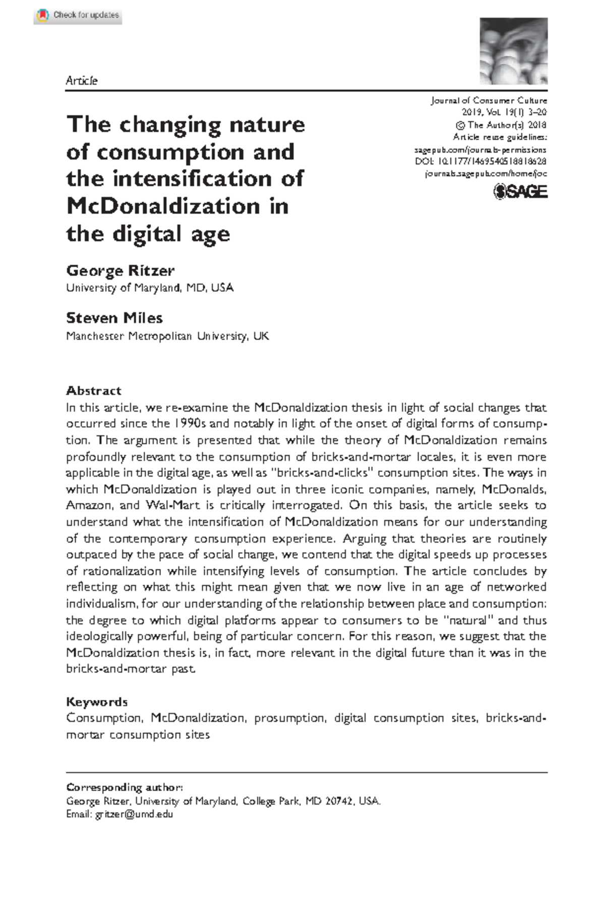 Ritzer miles 2018 the changing nature of consumption and the ...
