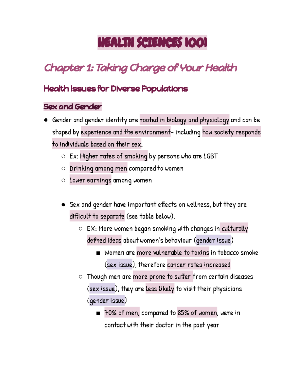 HS 1001 Chapter 1 Notes - HEALTH SCIENCES 1001 Chapter 1: Taking Charge ...