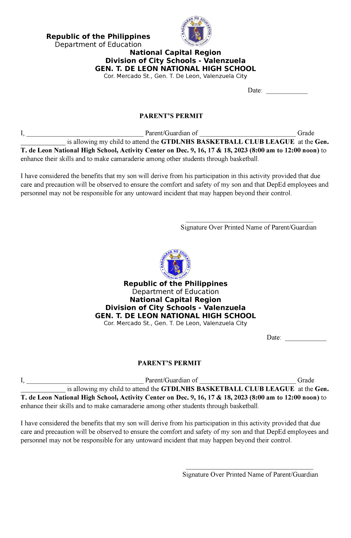 Parents- Permit - for approval - Republic of the Philippines Department ...