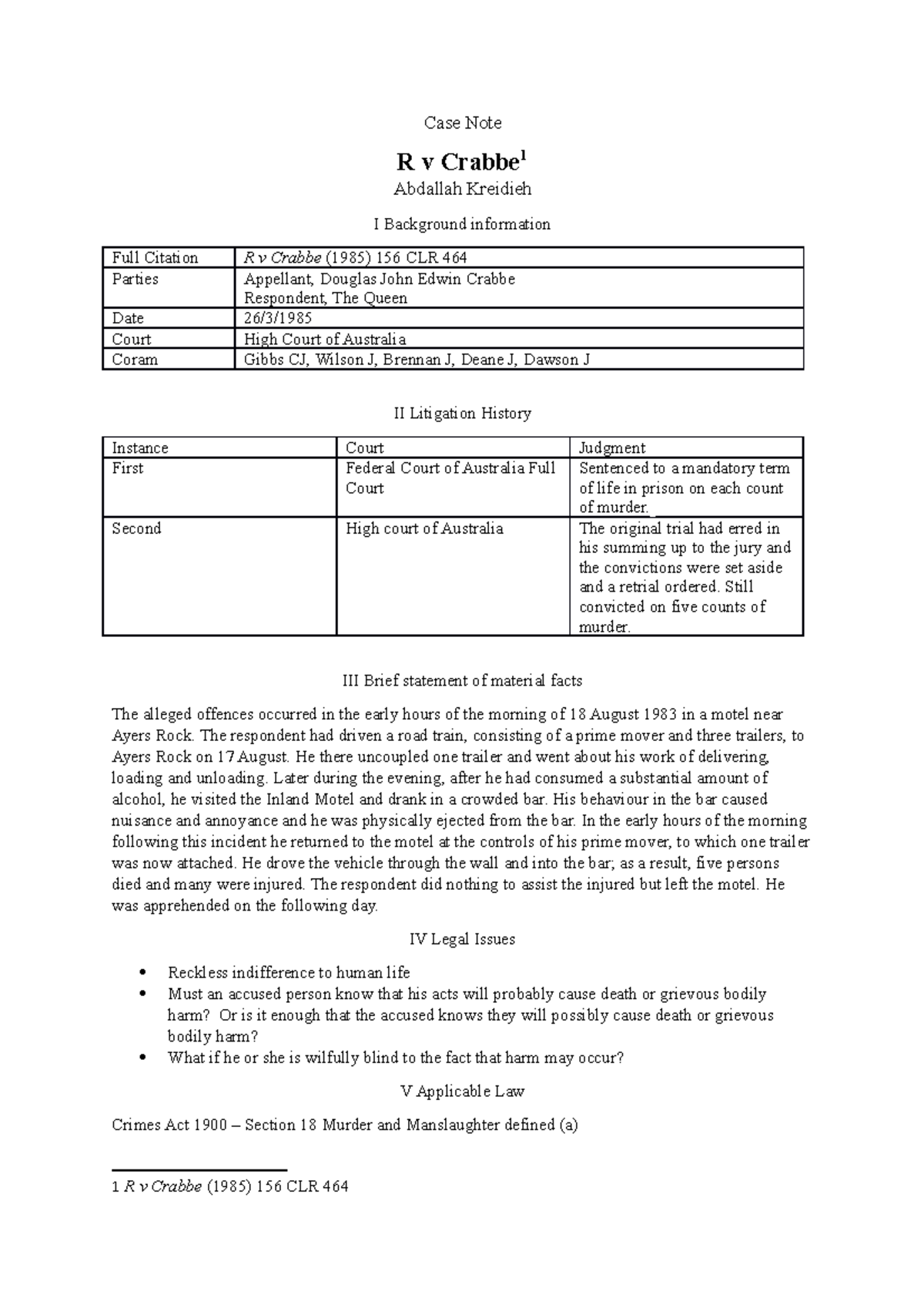 Case Not1 Case Note Of R V Crabbe Case Note R V Crabbe 1 Abdallah