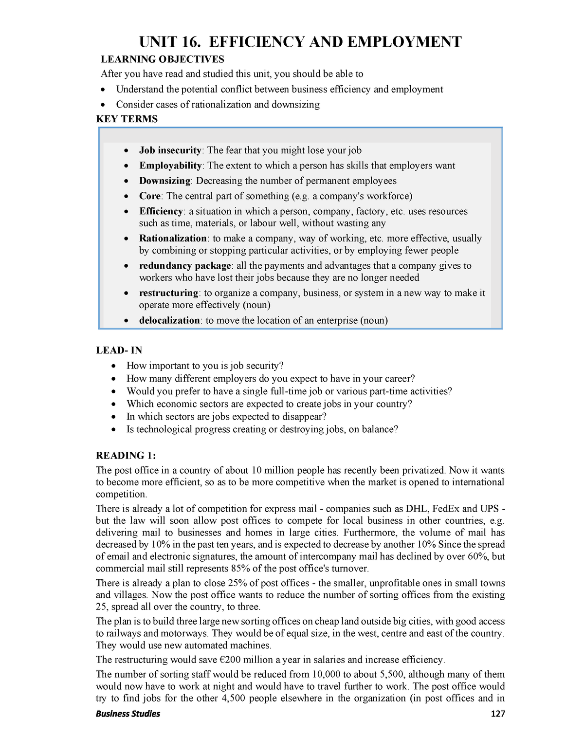 ESP1 Unit 16 - Handout - UNIT 16. EFFICIENCY AND EMPLOYMENT LEARNING ...