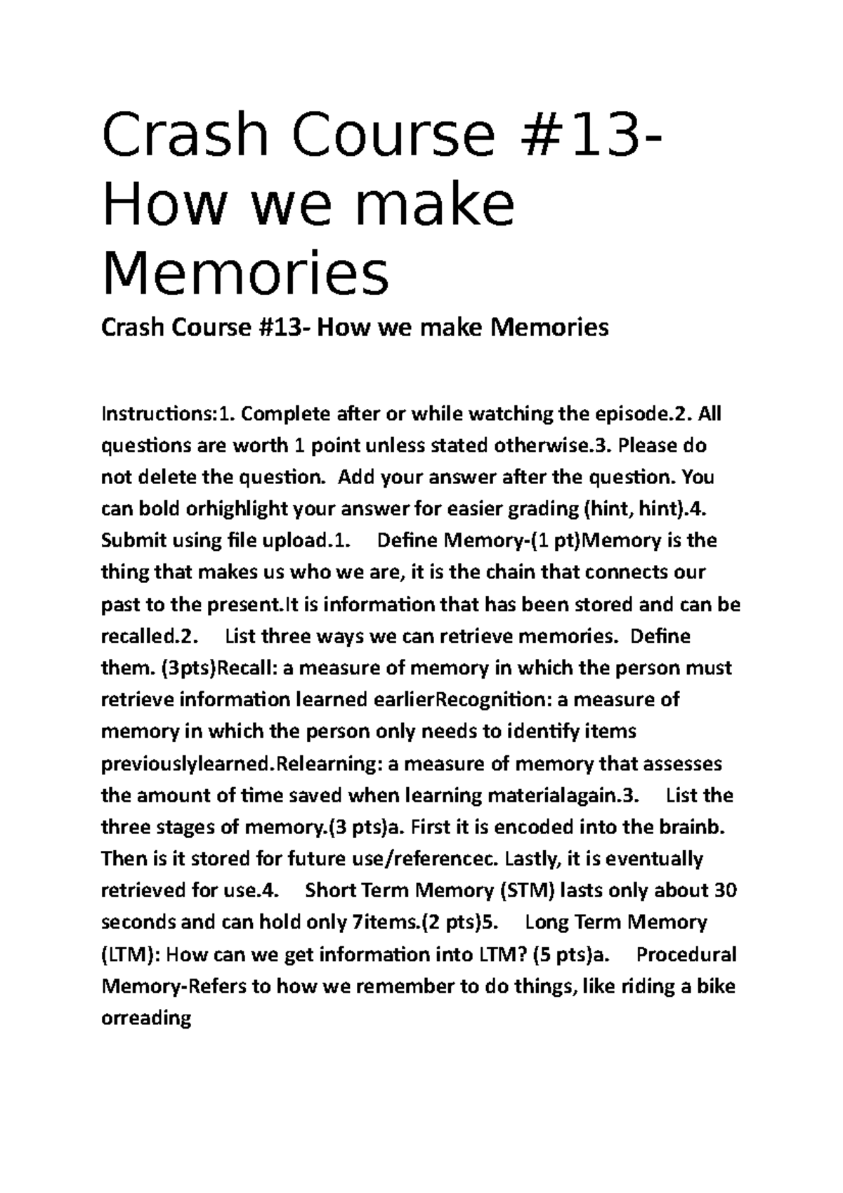 Crash Course Psychology Crash Course Episode Worksheet Crash Course