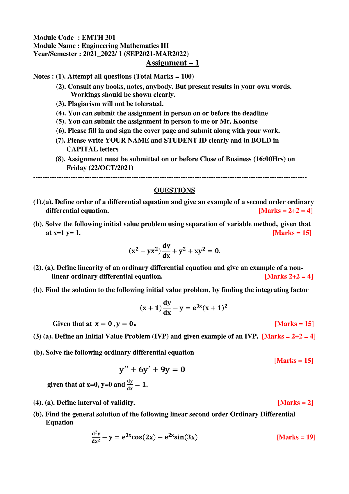 EMTH 301 Assignment 1-Ac Yr2021 2022-Due 22OCT2021 - Module Code : EMTH ...