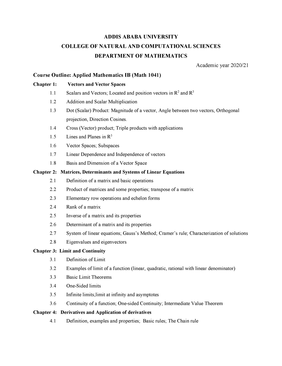 Course Outline Math 1041 1 Applied Mathematics I AAU Studocu