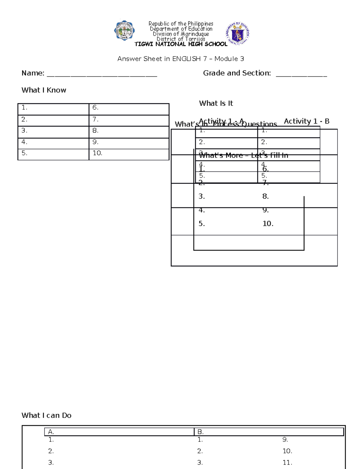 Answer Sheet IN English - 3 - Republic of the Philippines Department of ...