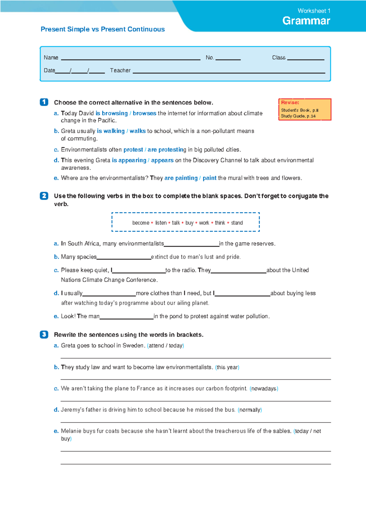Enga11 grammar worksheet 1 - Worksheet 1 Grammar Present Simple vs ...