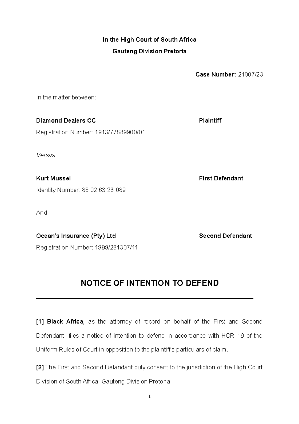 Defendant's Plea - Assignment - In the High Court of South Africa ...