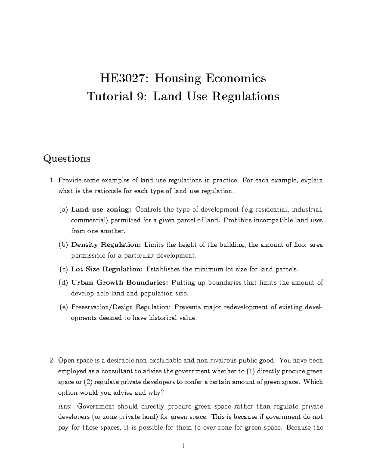 Land use reg tut ans - tutorial answer for land use regulation - HE3027
