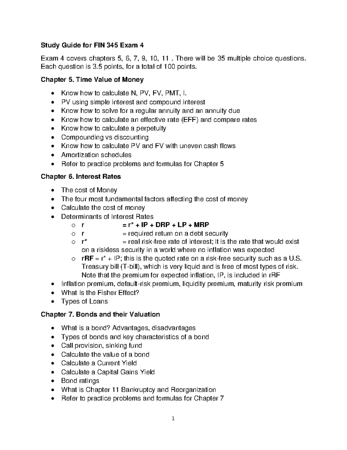 Exam4 Study Guide - Study Guide for FIN 345 Exam 4 Exam 4 covers ...