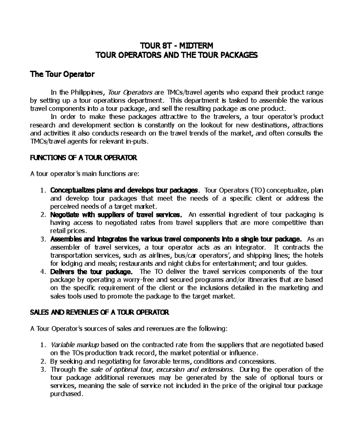 TOUR 8T Midterm Handouts TOUR 8T MIDTERM TOUR OPERATORS AND THE
