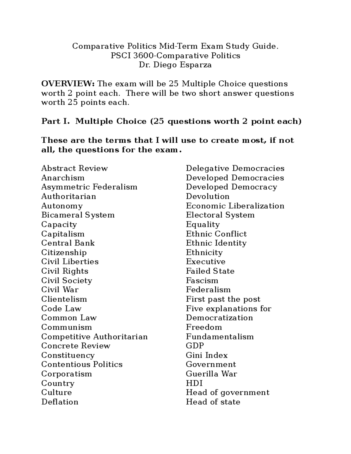Mid-Term Review POSC 3600 10 14 2023 - Comparative Politics Mid-Term ...