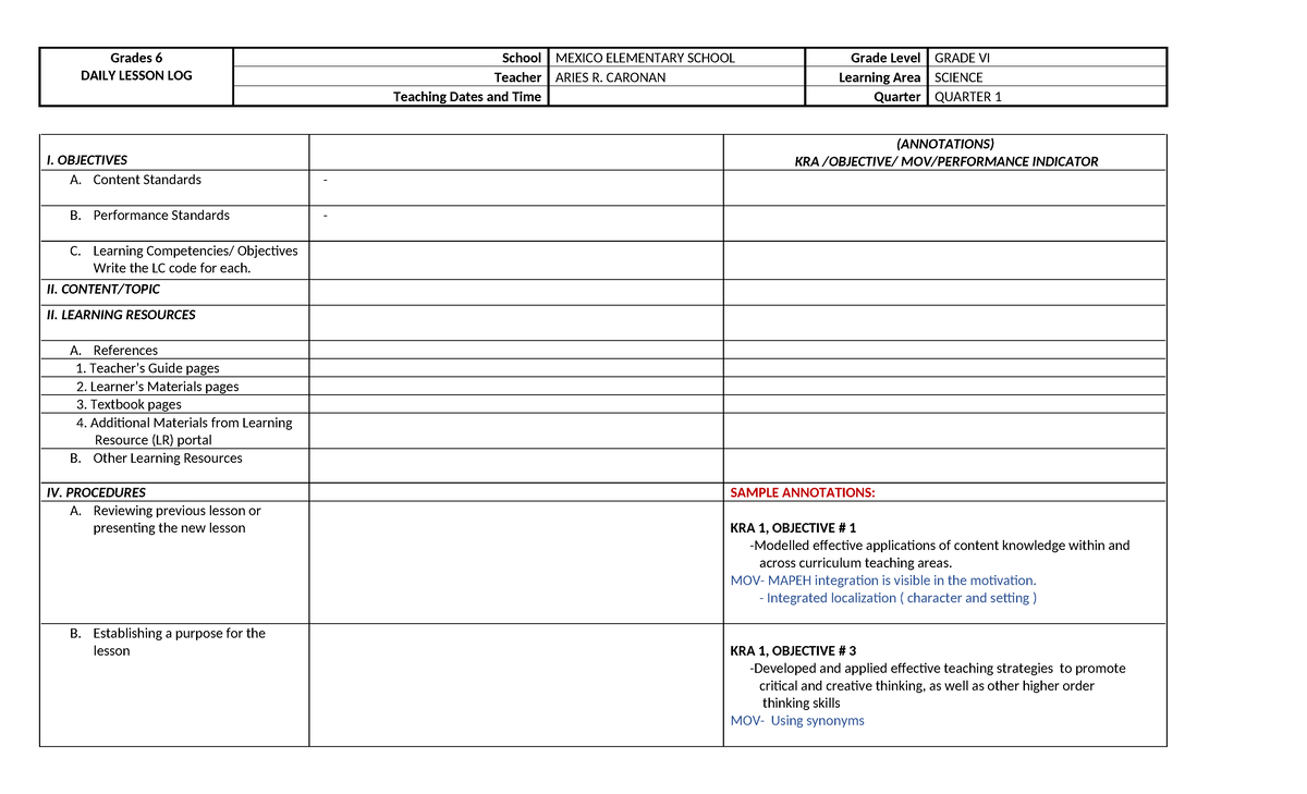 COT-DLL- Template - Daily Lesson Log - Grades 6 DAILY LESSON LOG School ...