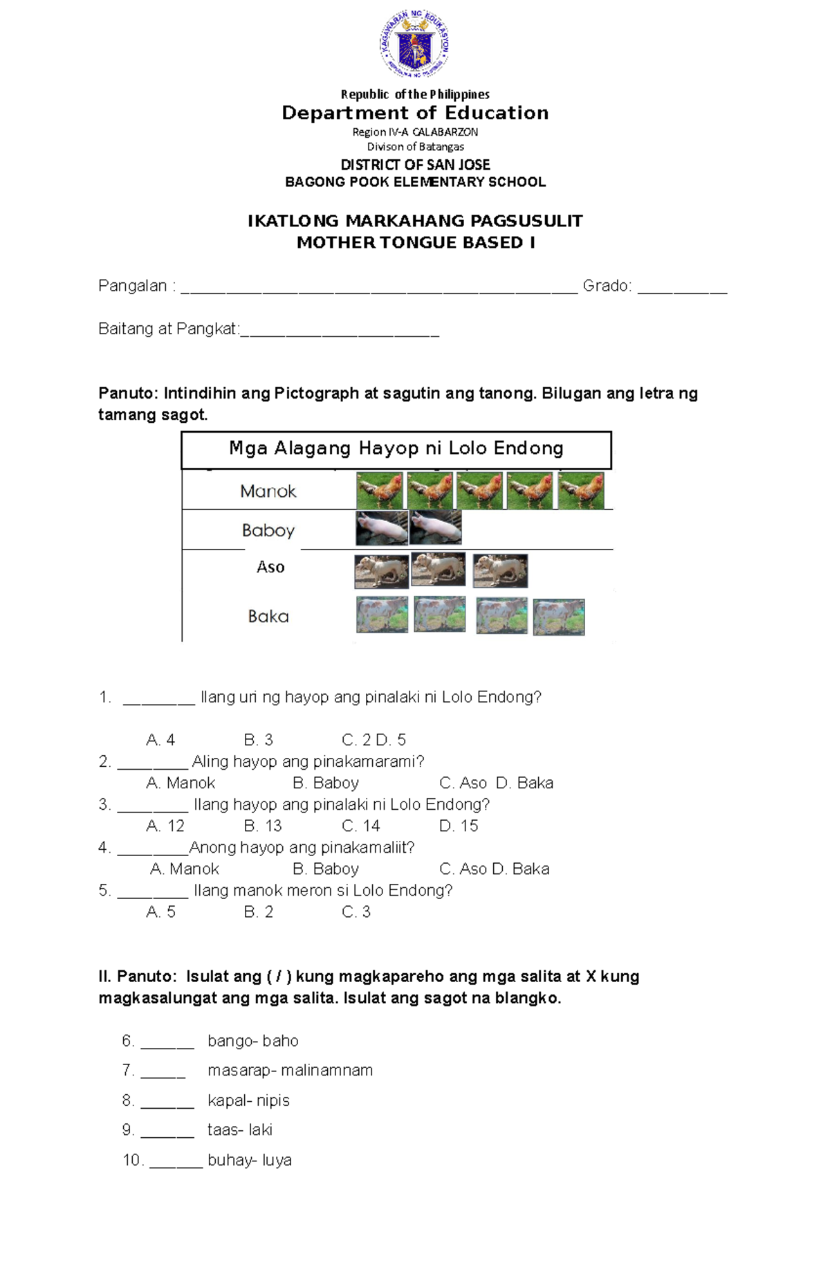 Mtb Third Periodical Test Department Of Education Region Iv A