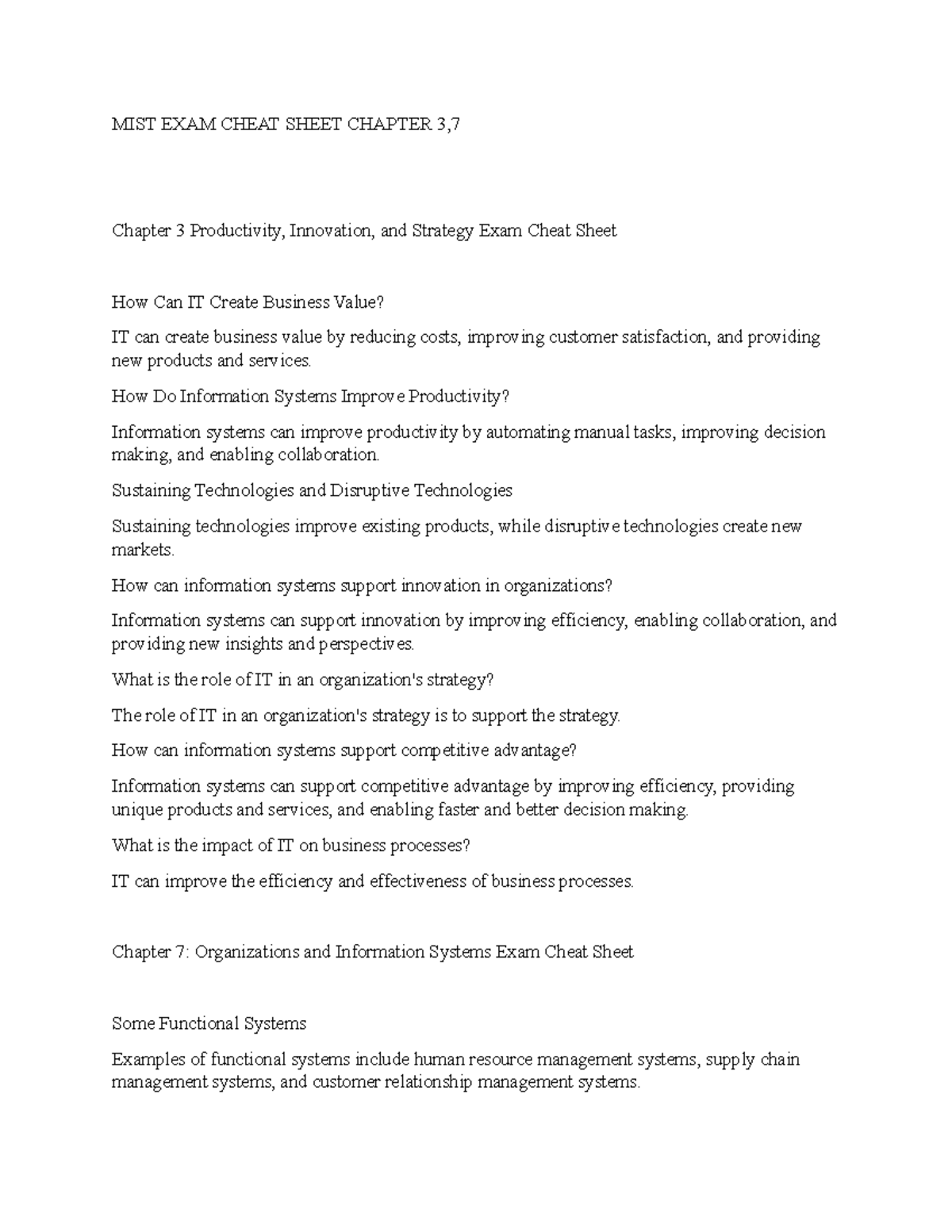 MIST EXAM Cheat Sheet Chapter 3,7 - MIST EXAM CHEAT SHEET CHAPTER 3 ...