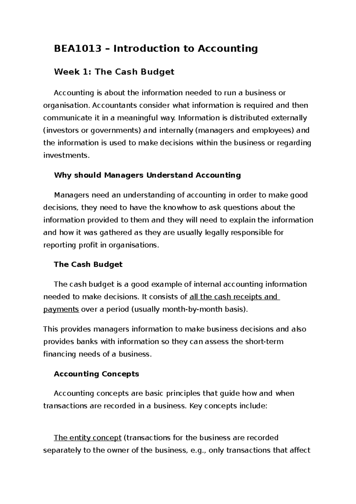 Week 1 The Cash Budget Notes BEA1013 Introduction to Accounting