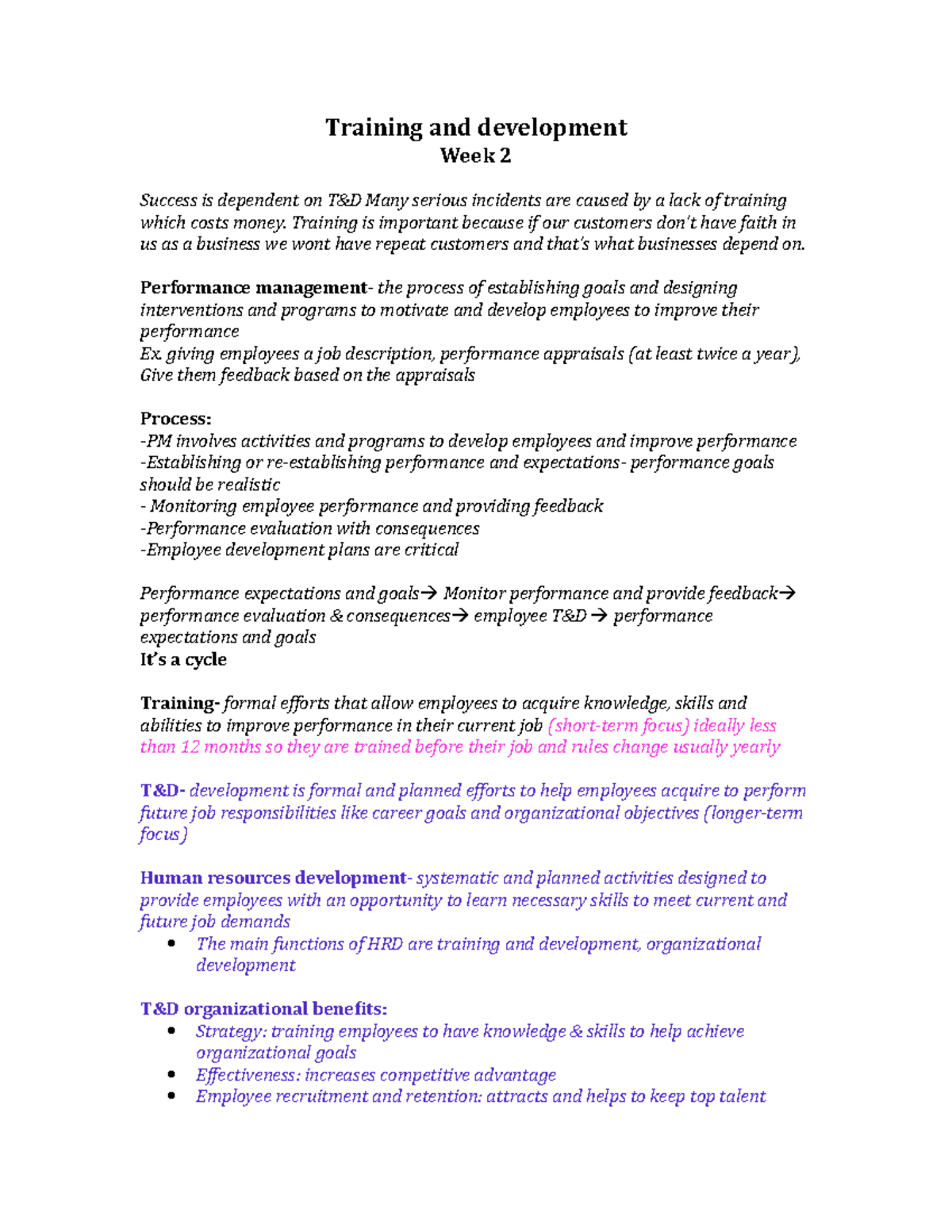 Notes - Training and development Week 2 Success is dependent on Many ...