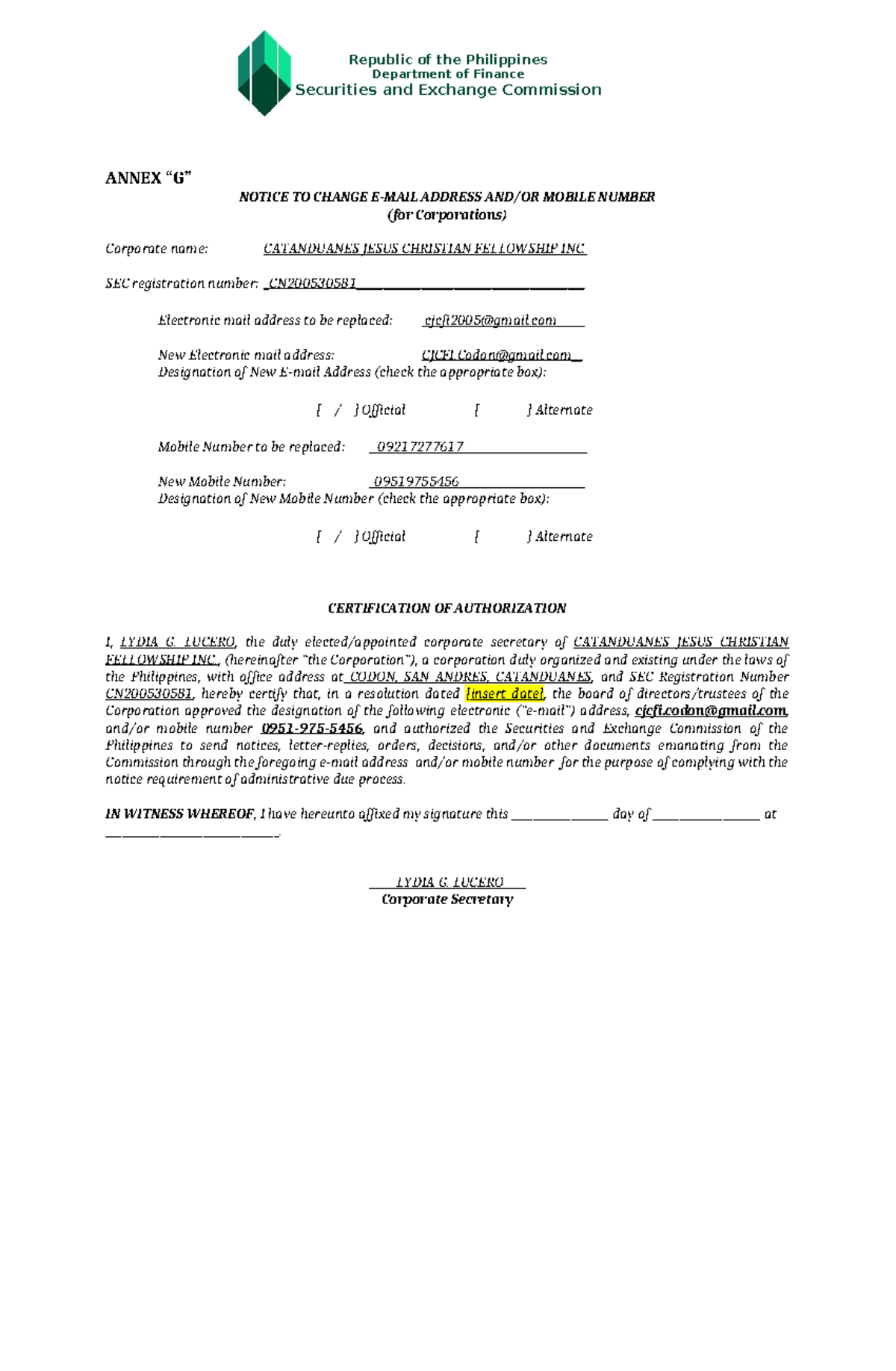 Annex G Notice to Change Email - Republic of the Philippines Department ...