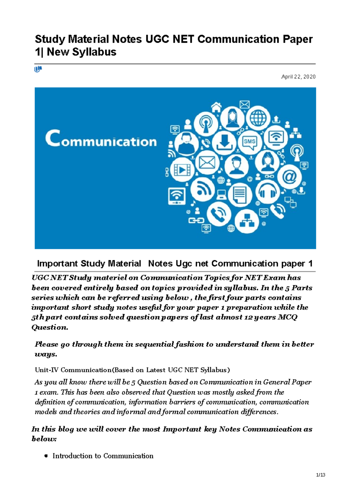 UGC NET Communication Paper 1 New Syllabus Part 1 1 / Study Material