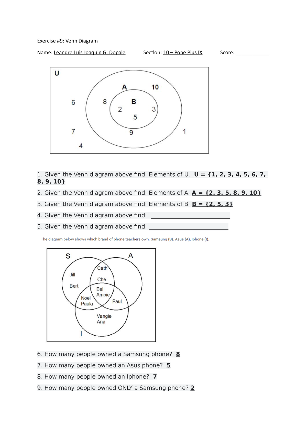 MATH 10 Quarter 3 Exercise 9 - Exercise #9: Venn Diagram Name: Leandre ...