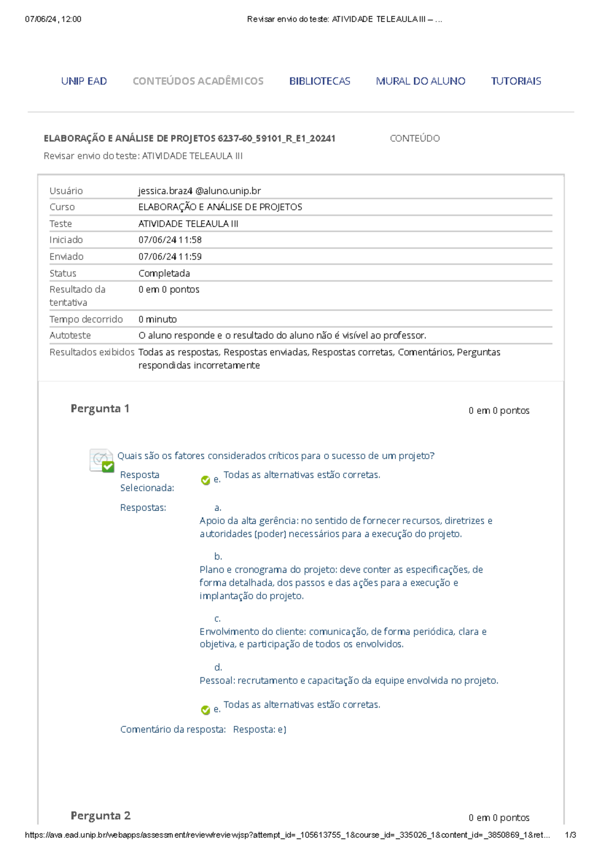 Atividade Teleaula 3 - Elaboração E Análise De Projetos - Revisar Envio ...