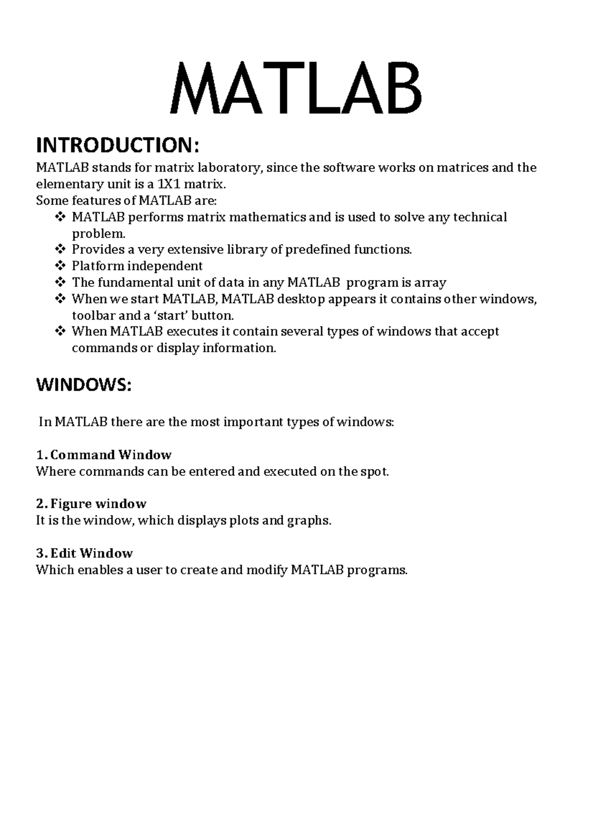 Matlab Mandatory Assignment - MATLAB INTRODUCTION: MATLAB stands for ...