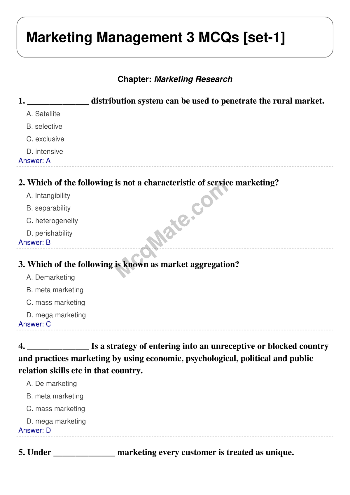 Marketing-research-set-1 Mcqmate - McqMate Marketing Management 3 MCQs ...