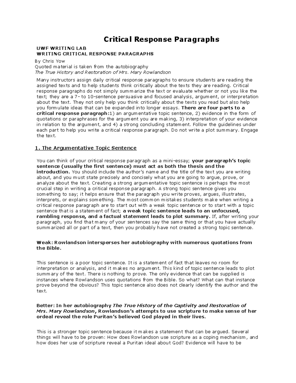 Critical-Response-Paragraphs - Critical Response Paragraphs UWF WRITING ...