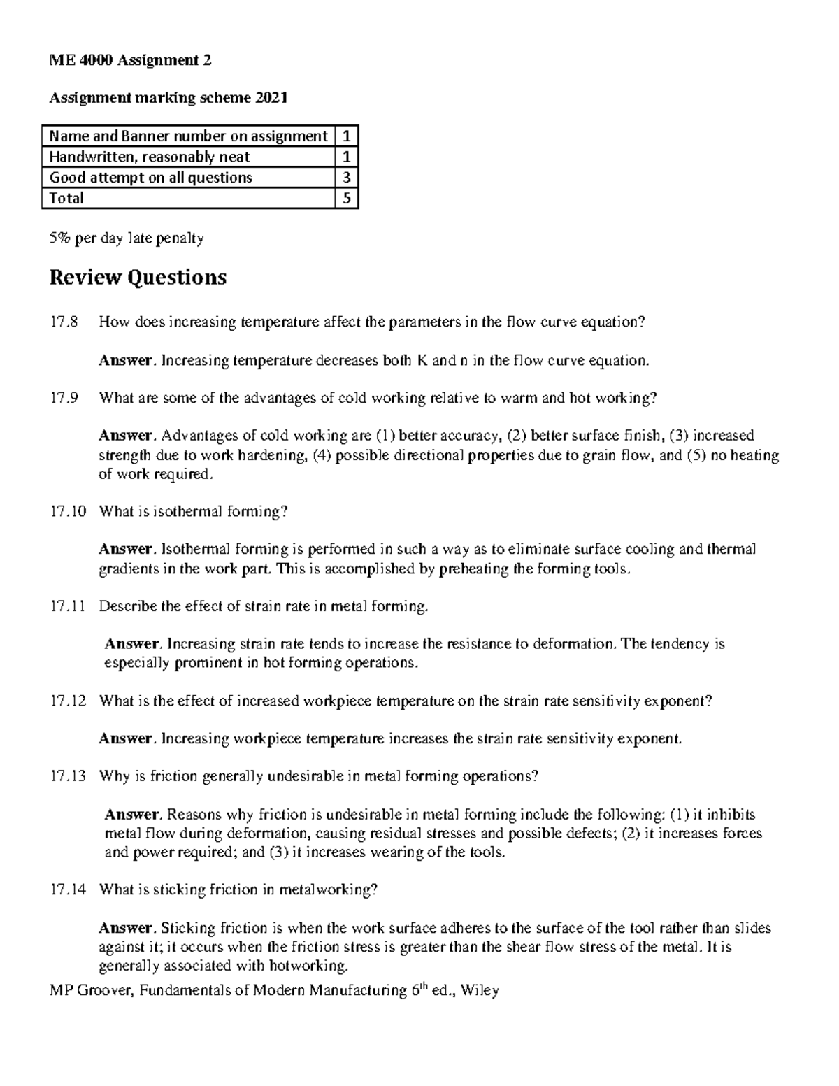 Assignment 2 solution - MP Groover, Fundamentals of Modern ...