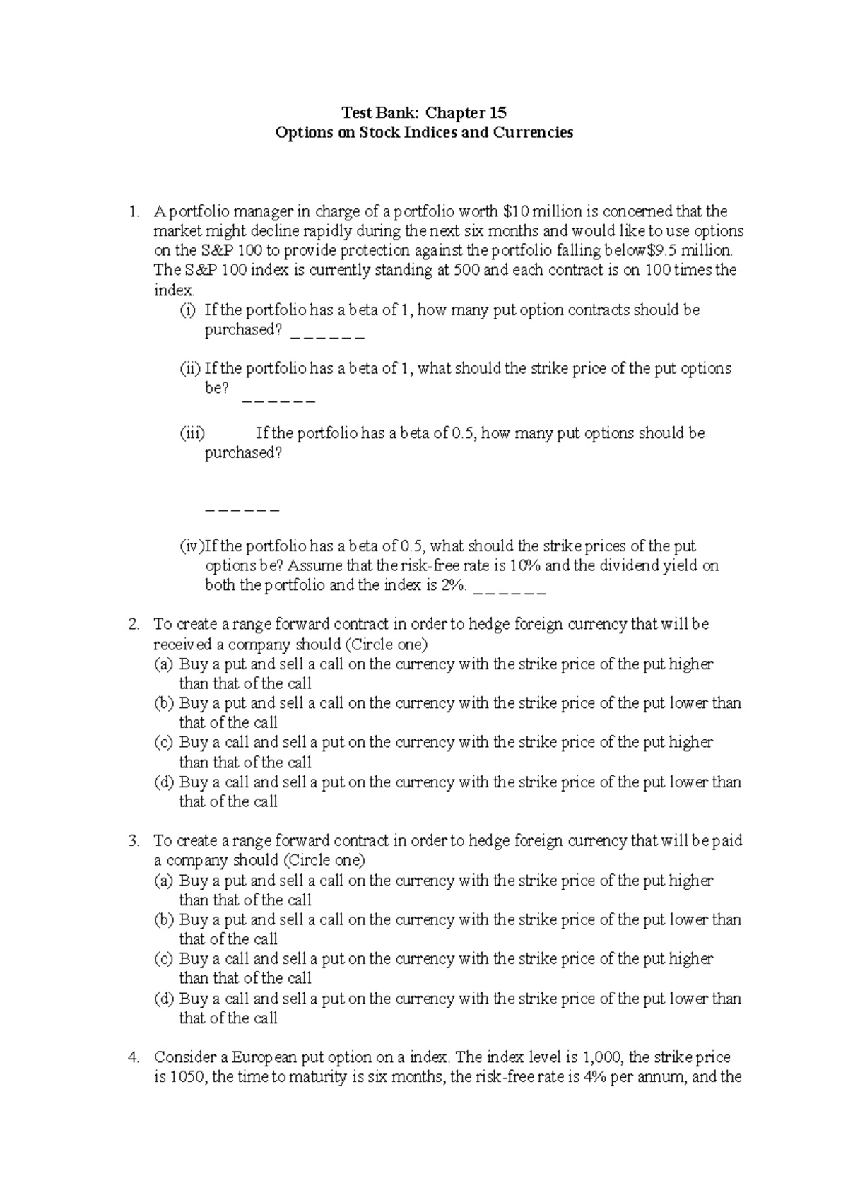 (Test Bank) Fundamentals Of Futures And Options Markets 7e By Hull Ch15 ...