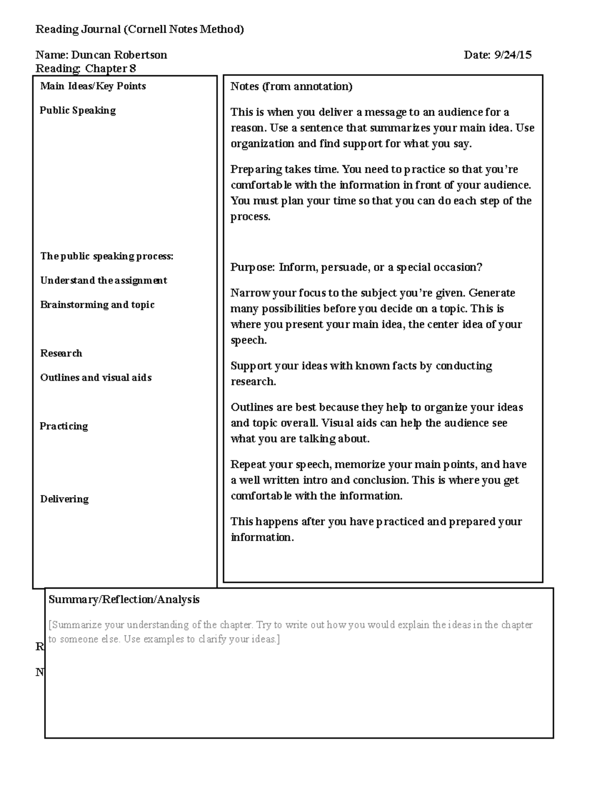 COMM 101 Notes Ch 8-10 - Reading Journal (Cornell Notes Method) Name ...